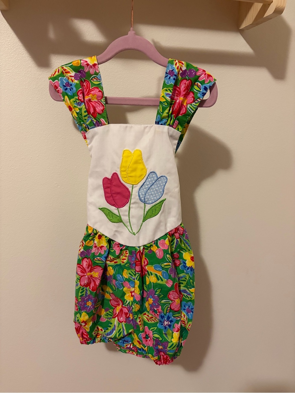 Vintage Toddler Floral Bubble Romper with Tulip Applique - Green